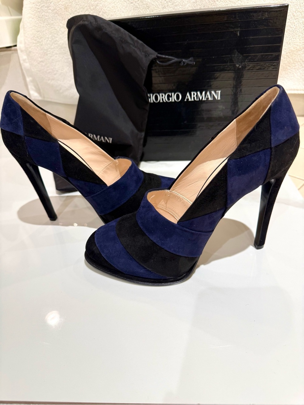 Giorgio Armani Navy and Black Suede Patchwork Stiletto Pumps
